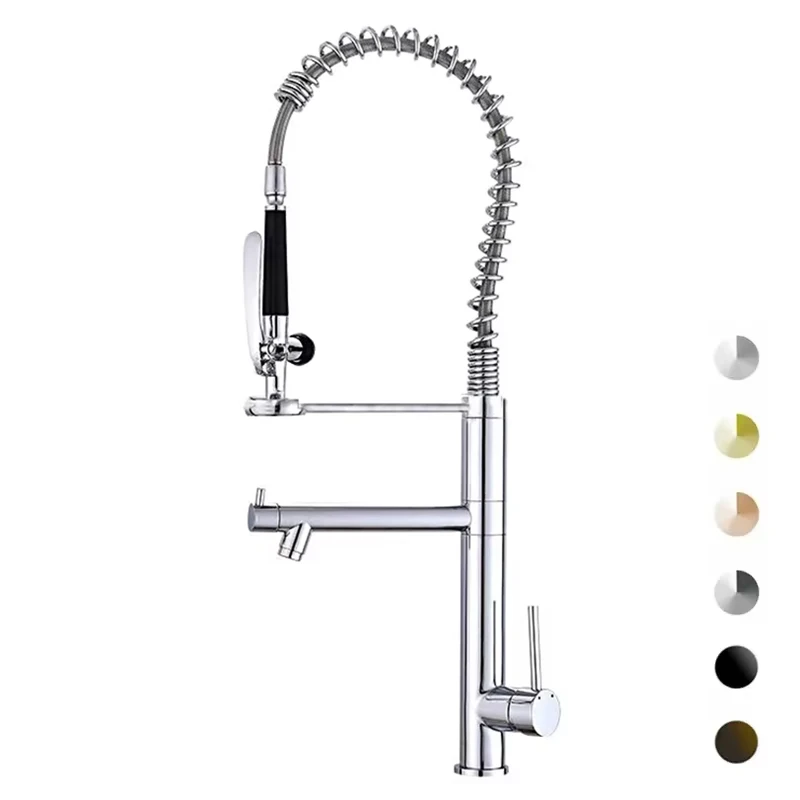 

Современный хромированный водосберегающий трехходовой смеситель с высокой горловиной, выдвижной пружинный латунный кухонный смеситель для гурманов с выдвижным распылителем