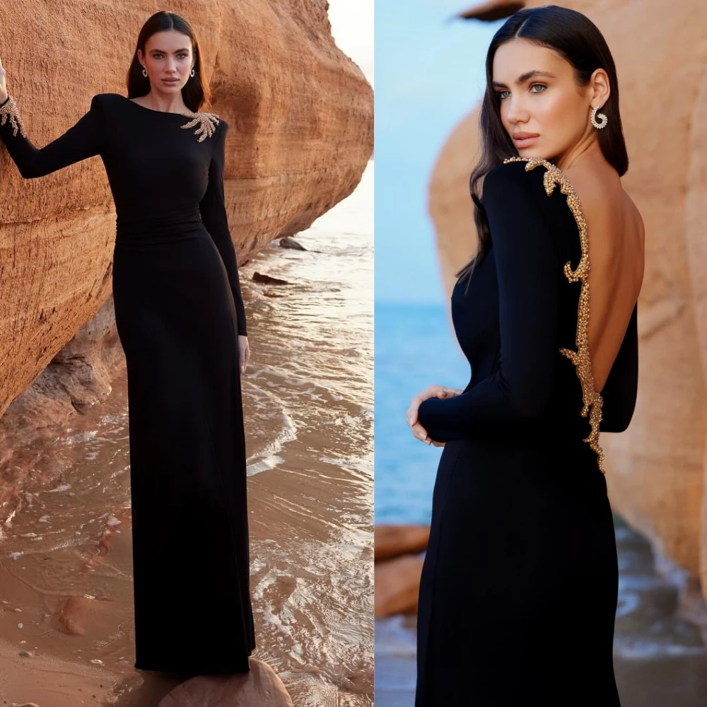 Customized Jersey Sequined Engagement Straight Scoop Neck Bespoke Occasion Gown Long Dresses