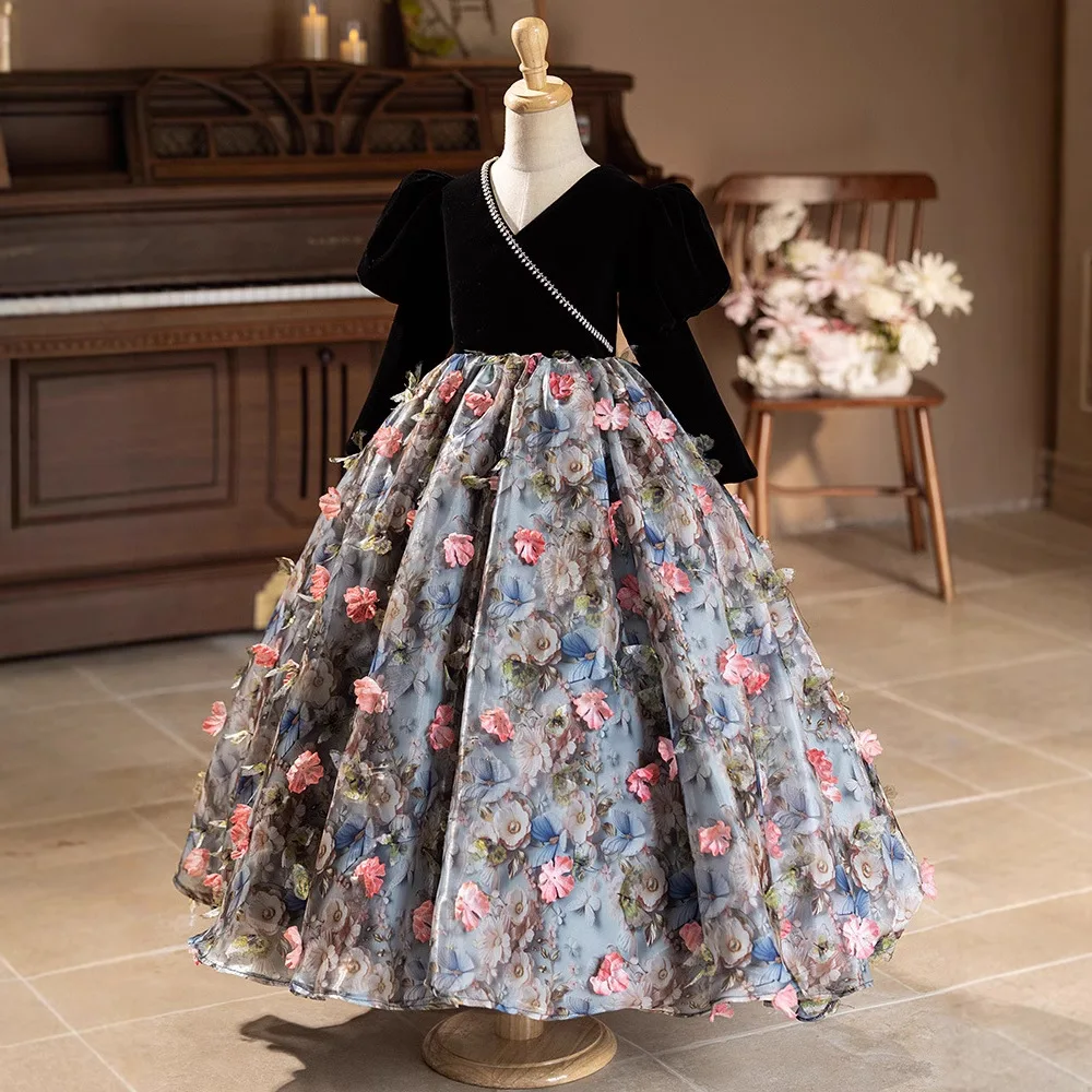 New 2025 Children's Princess Evening Gown Fashionable Flower Design Wedding Birthday Baptism Easter Eid Party Girls Dresses