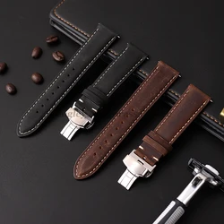 Genuine Calfskin Leather Watchband for Omega for Seiko Band 14mm/16mm/18mm/20mm/22mm/24mm Butterfly Buckle Stitching Brown Strap