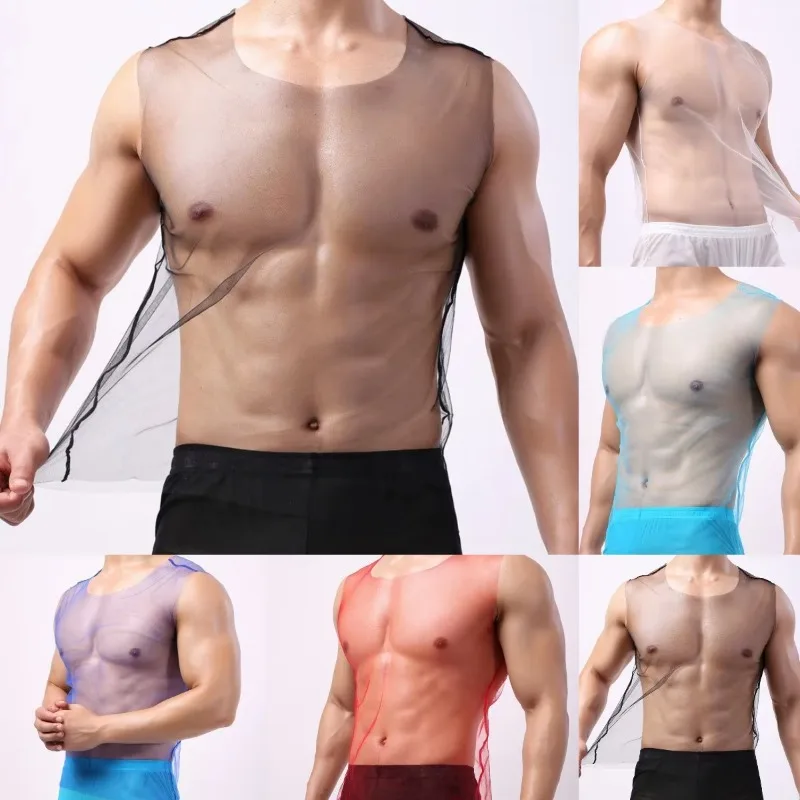 

Sexy Men Mesh Tank Tops Transparent Ultra-thin Sleepwear See Through Vest New Male Lingerie Sleeveless Loose Tank Top Nightwear