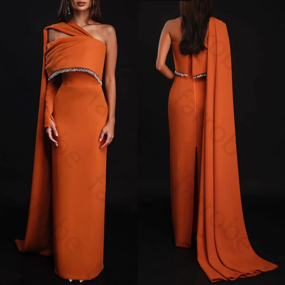 

Изысканные оранжевые вечерние платья с открытыми плечами, прямое с накидкой и кристаллами, длинное платье высокого качества, сексуальное платье для выпускного вечера по индивидуальному заказу