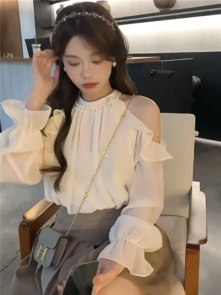 

Blouses Women Off-shoulder Long Sleeve Blusas Mujer Simple Solid All-match Temperament Fashion Thin Summer Elegant Korean Style