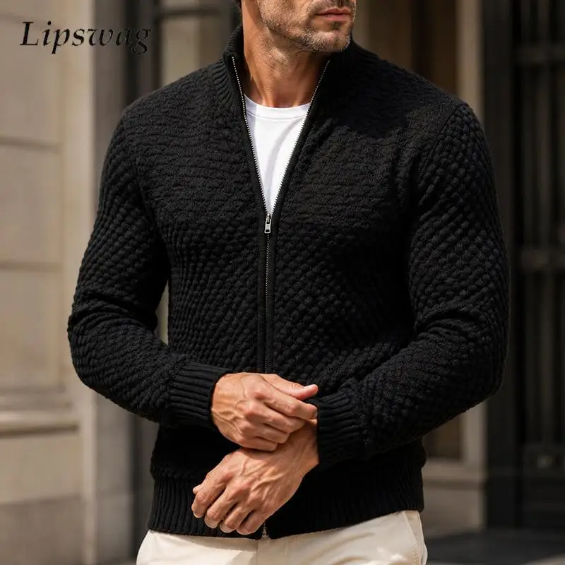 Daily Casual Stand Collar Knit Cardigan Mens Slim Fit Fall Winter Full‑Zip Textured Fabric Fashion Outerwear For Men