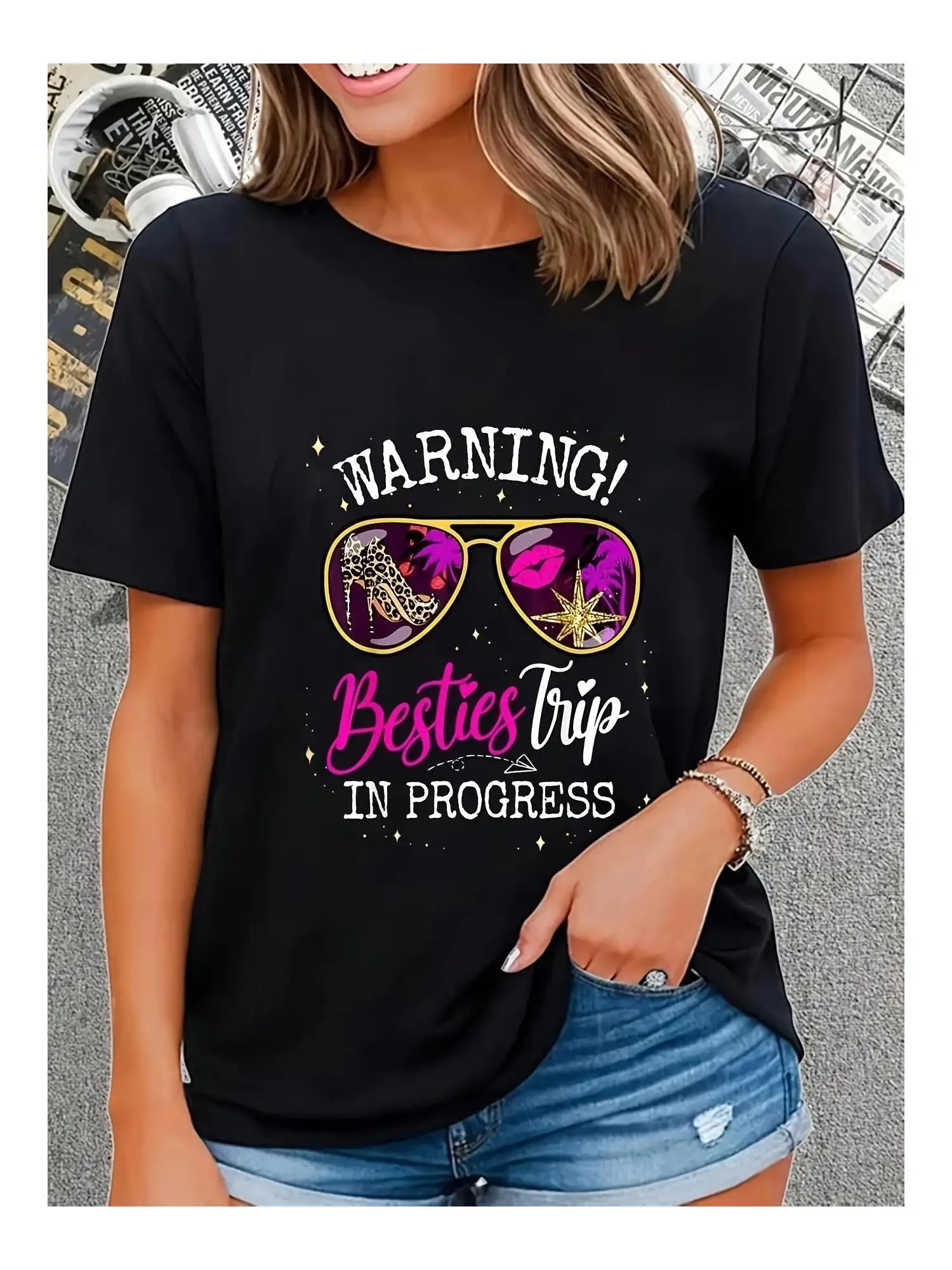 

Женская повседневная футболка с рисунком Besties Trip Slogan, топ с короткими рукавами и тропическим дизайном, весенне-летняя футболка для отпуска