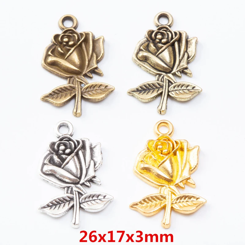 50pcs 26*17MM Zakka Style Wedding Creative Gift Alloy Rose Jewelry, Vintage Classic Handmade Diy Sweater Necklace Pendant.