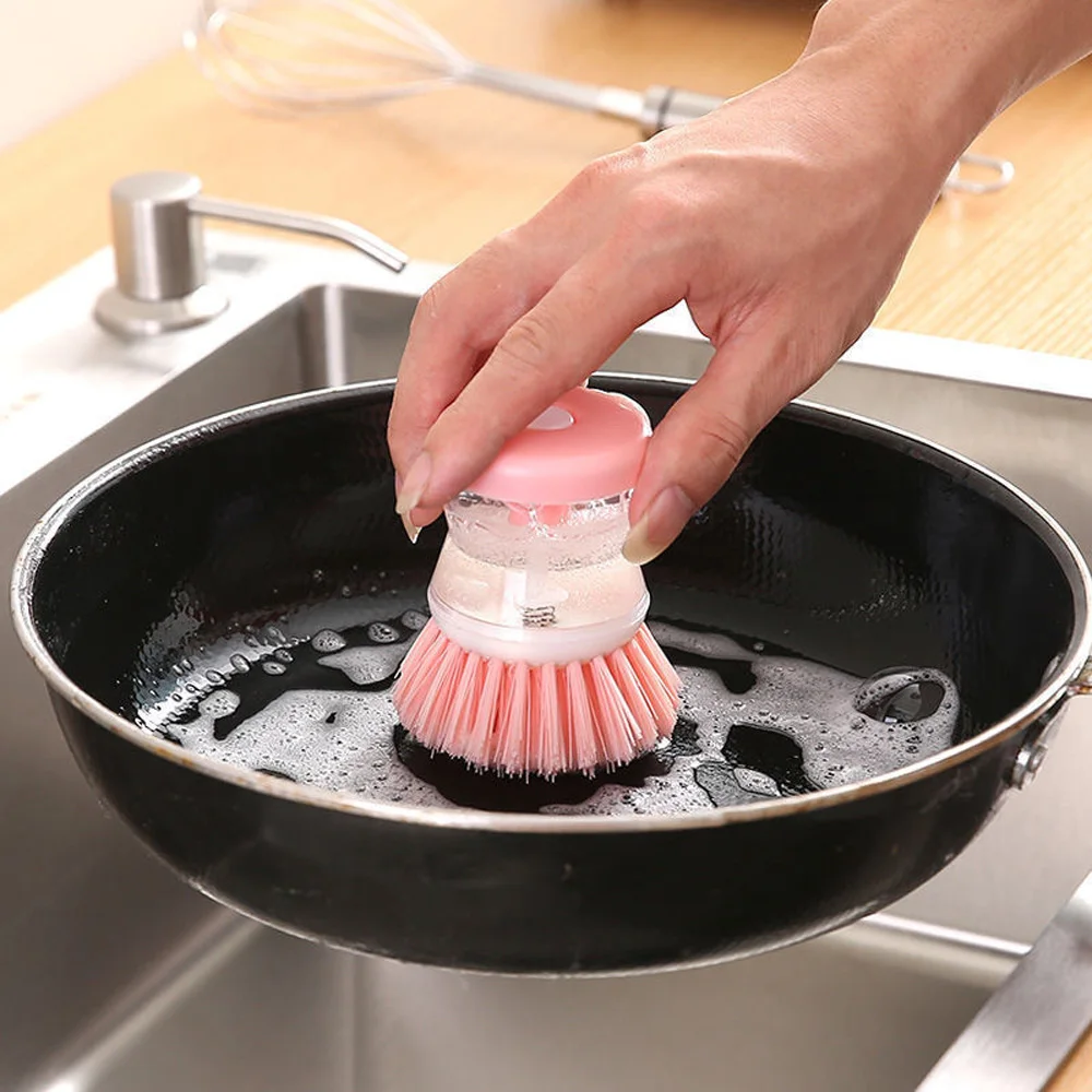 Kitchen Pot Dish Cleaning Brush 1Pcs Multifunctional Press Type Automatic Liquid Filling Brushes Detergent Dispenser Accessories