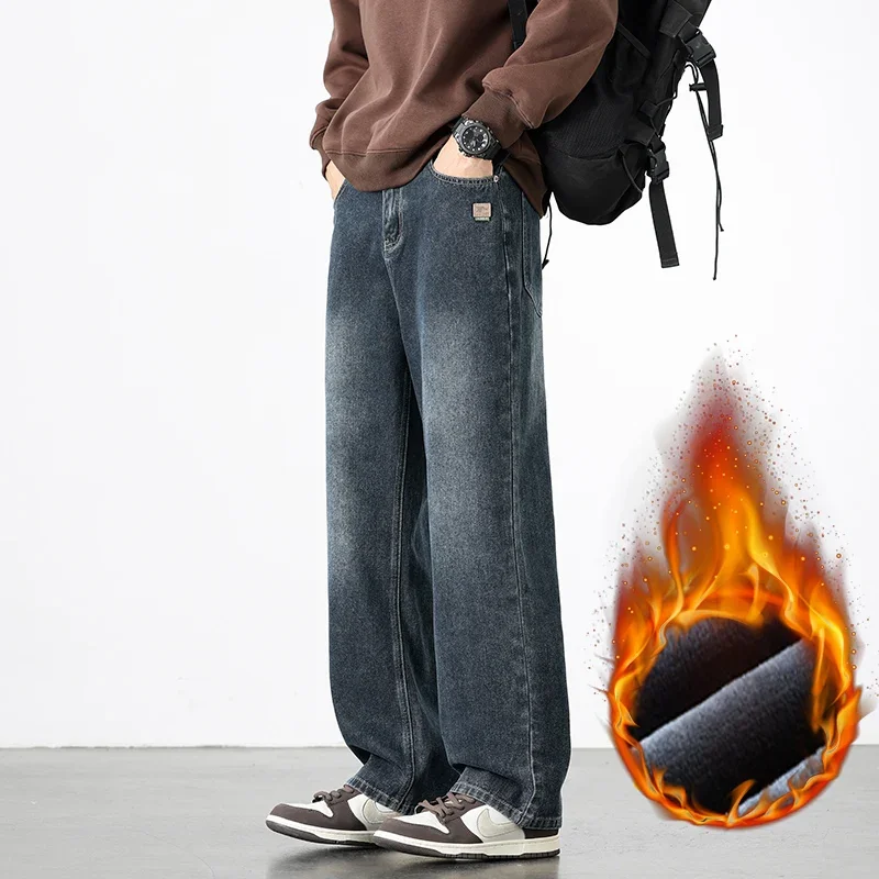 American Style Retro Jeans Men's 2026 Winter Velvet New High Street Casual Loose Straight Long Pants Fleece