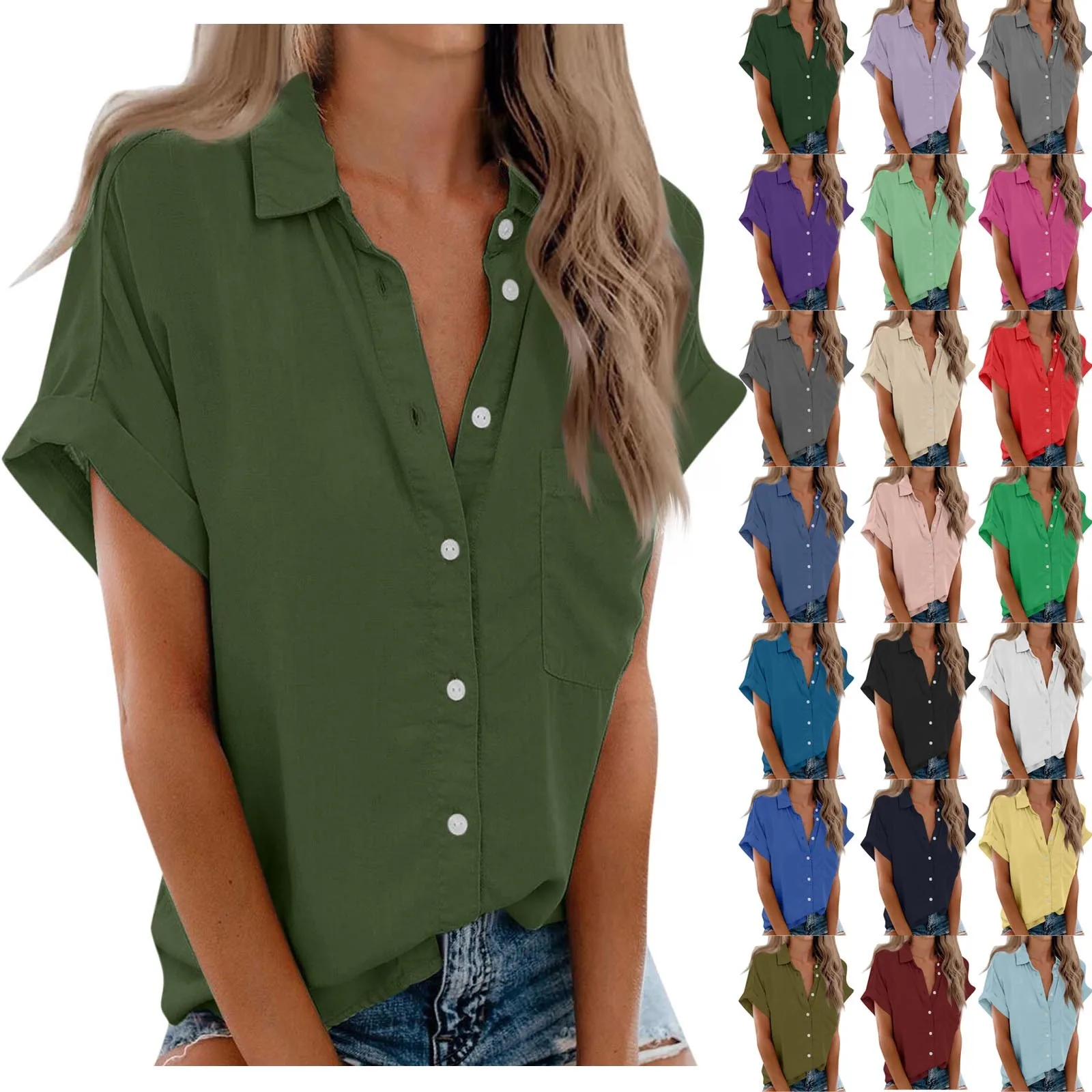 Womens Short Sleeve Shirts Solid Casual Button Down Blouse Tops With Chest Pocket Daily Commute Regular Comfortable Shirts