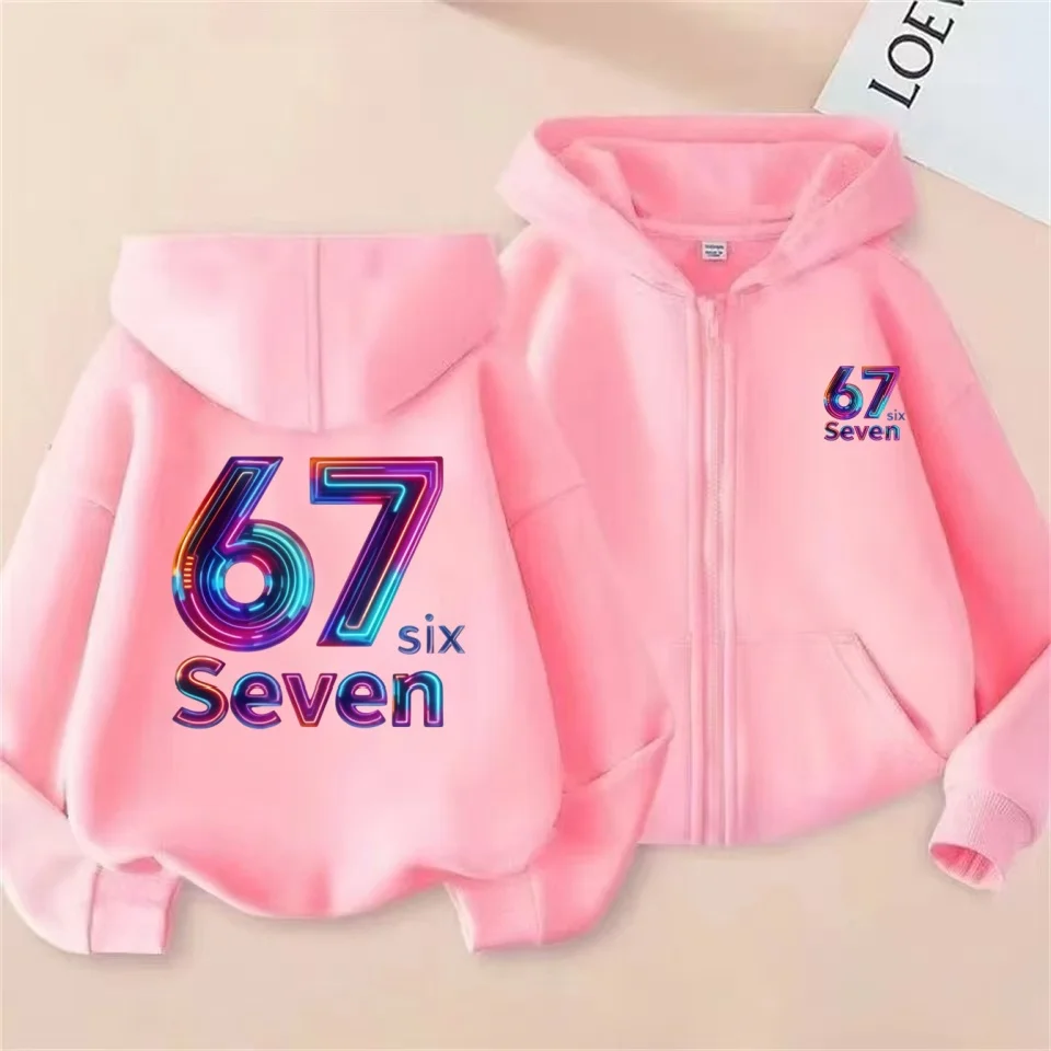 67 Sudadera con capucha y cremallera para niños, sudadera informal para niños y niñas, ropa de abrigo suave con estampado de dibujos animados para otoño e invierno, prendas de vestir exteriores de moda 2026