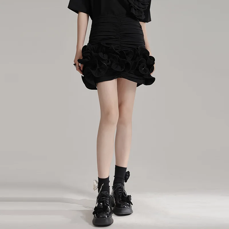 minority design fluffy skirt, cross-border heavy industry pleated three-dimensional flower wrap buttocks women's skirt