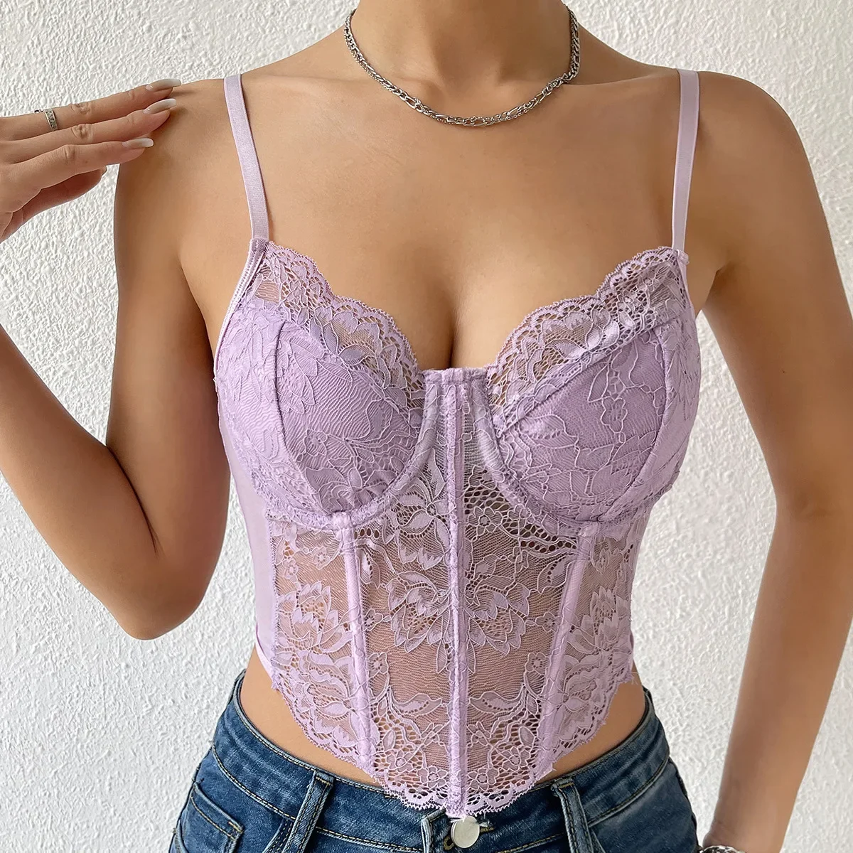 2023 Fashion Women Lace Crop Cami Tops Sleeveless Spaghetti Strap Solid Color Corset Camisole Sexy Lace Steel Ring Corset Mujer