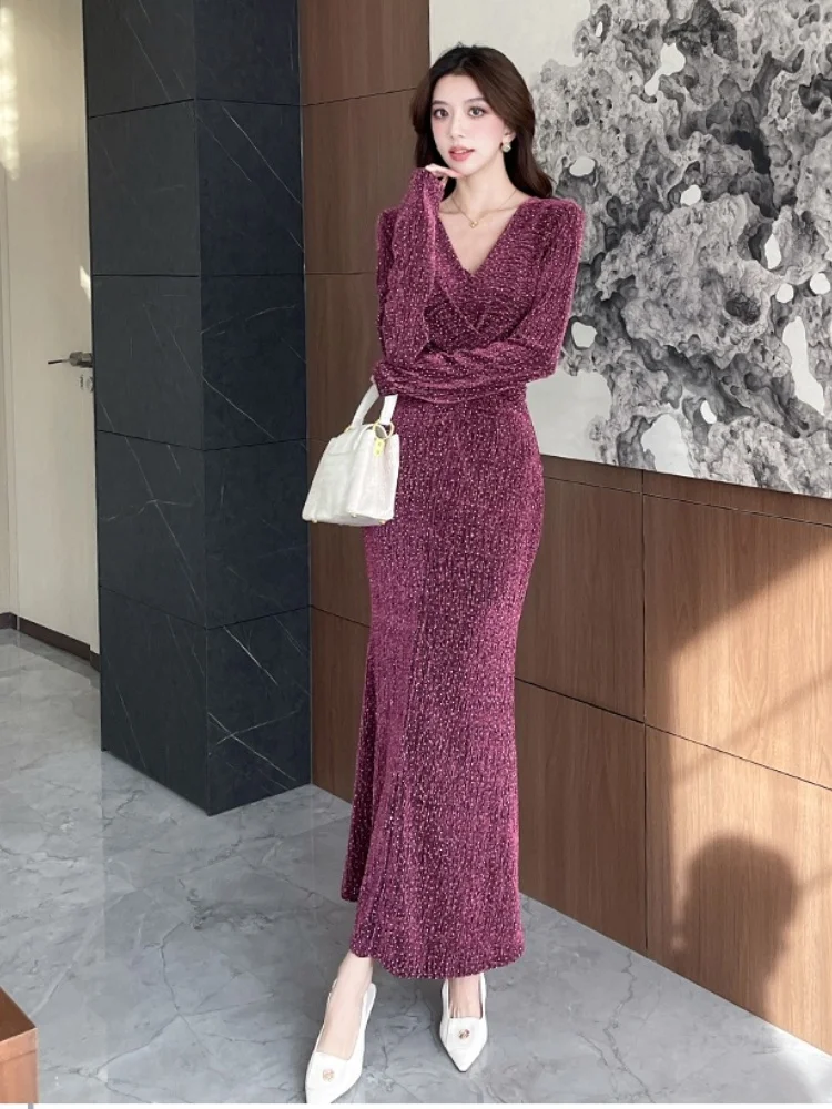 SMTHMA New Autumn Bright Silk Rhinestone Dress Women's Full Sleeve Sexy V-Neck Elastic High-End Elegant Long Dresses