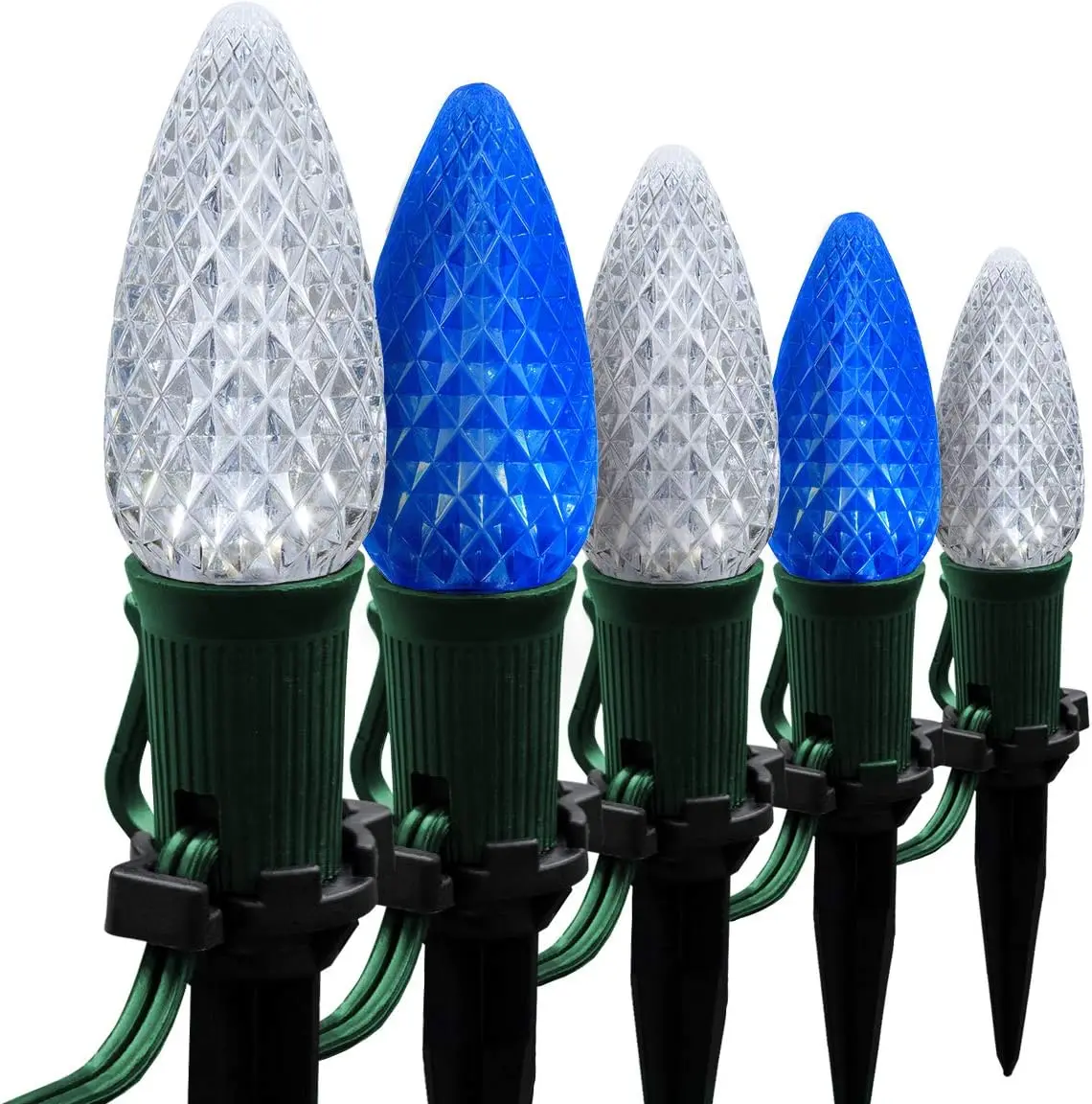 Lighting 50’ OptiCore LED Blue and White Pathway Christmas Lights, C9 Outdoor Christmas Lights, 4.5” Stakes, Green Wire Plug Str