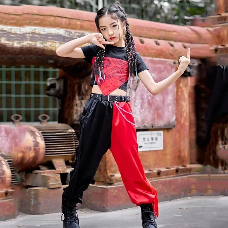 女の子中国風ジャズダンスパフォーマンス衣装赤緩い社交ヒップホップ服レイブストリートダンスウェア