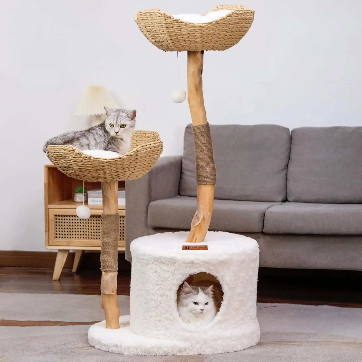 

U-Moving 46" Natural Wood Tree for Indoor , Modern Cat Tower for Large Cats, Real Branch Unique Tree, Tower with