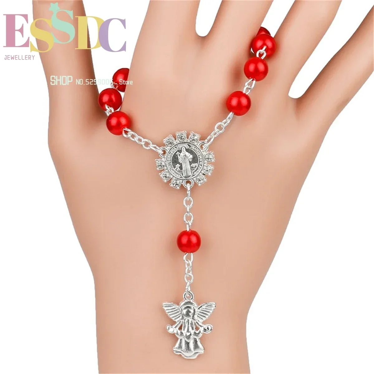 Hot 8mm Silvery Angel Jesus Pendant Pearl Beads Bracelet Catholic Holy Grail Children Baptized Rosary Religion Jewelry Wholesale