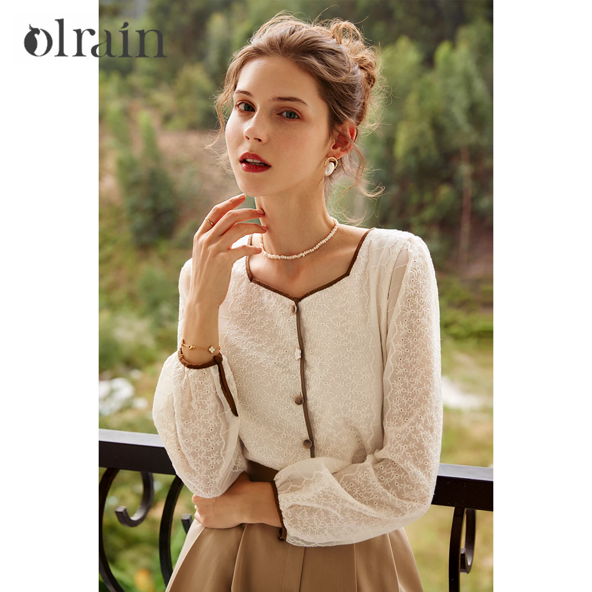 OLrain Square Neck Blouses Puffed Sleeves Chiffon Shirts 100% Cotton Women Spring Elegant Lace Bubble Cardigan Tops M56QC60528