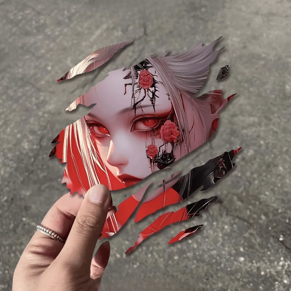 Rose Demon Girl Torn Sticker 1PC Anime Vinyl Decal Waterproof Self Adhesive for Window Motorcycle Helmet Laptop SUV JDM Decor