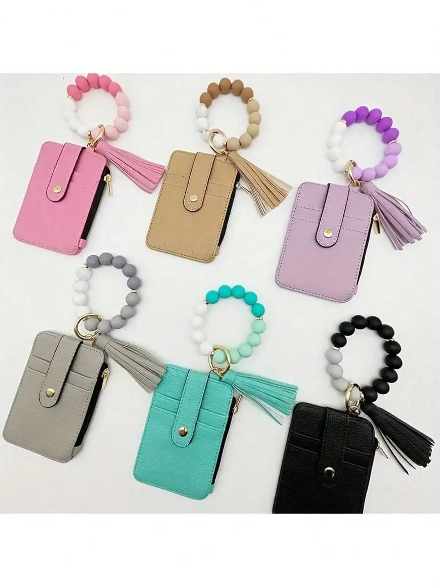 Women's Beaded Wristlet Keychain - PU Leather Card Holder With Tassel, Portable Wallet For Cards & Cash SG260307163438372235516