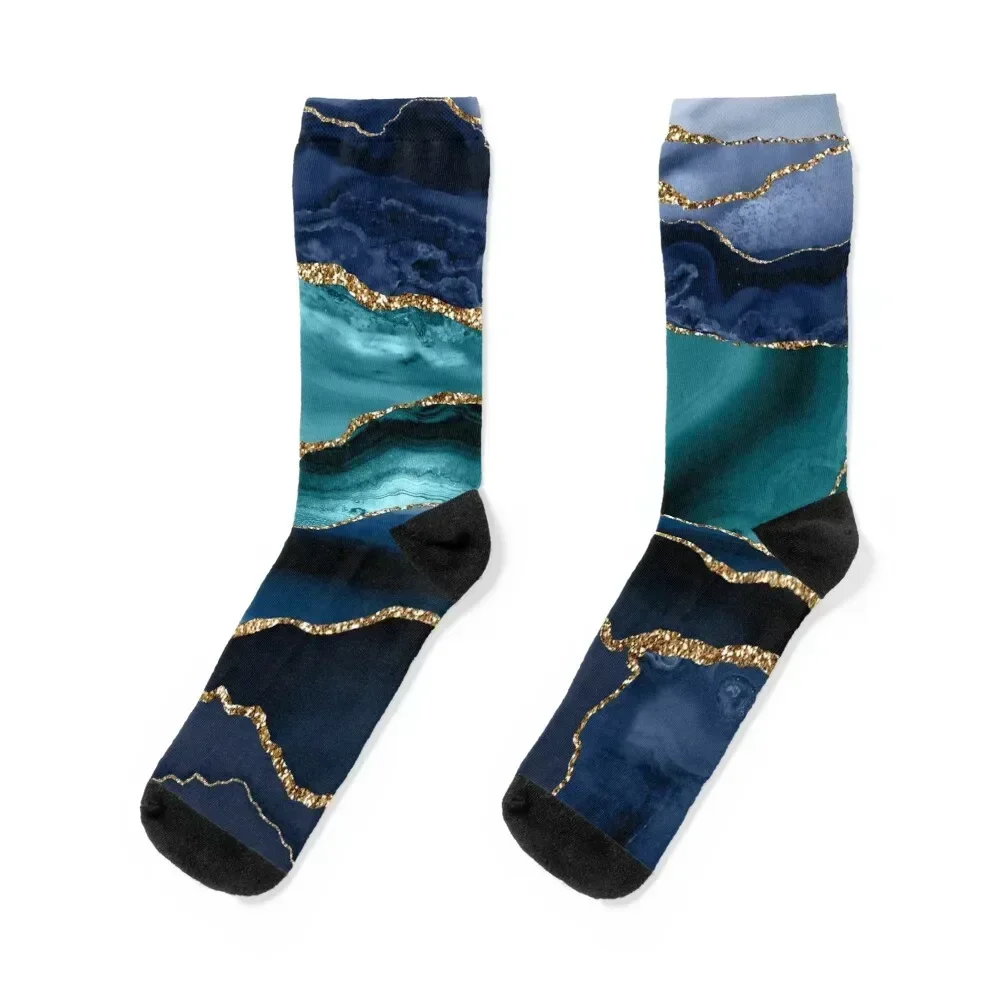 Glamour Ocean Blue Faux Marble Socks hip hop bright garter christmas stocking christmas gift Men's Socks Women's