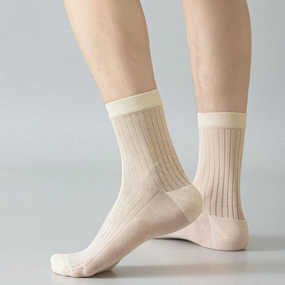 

Comfortable Solid Color Business Socks Men Mesh Thin Stripe Mid-calf Socks Men Soft Breathable Men Tube Socks Summer