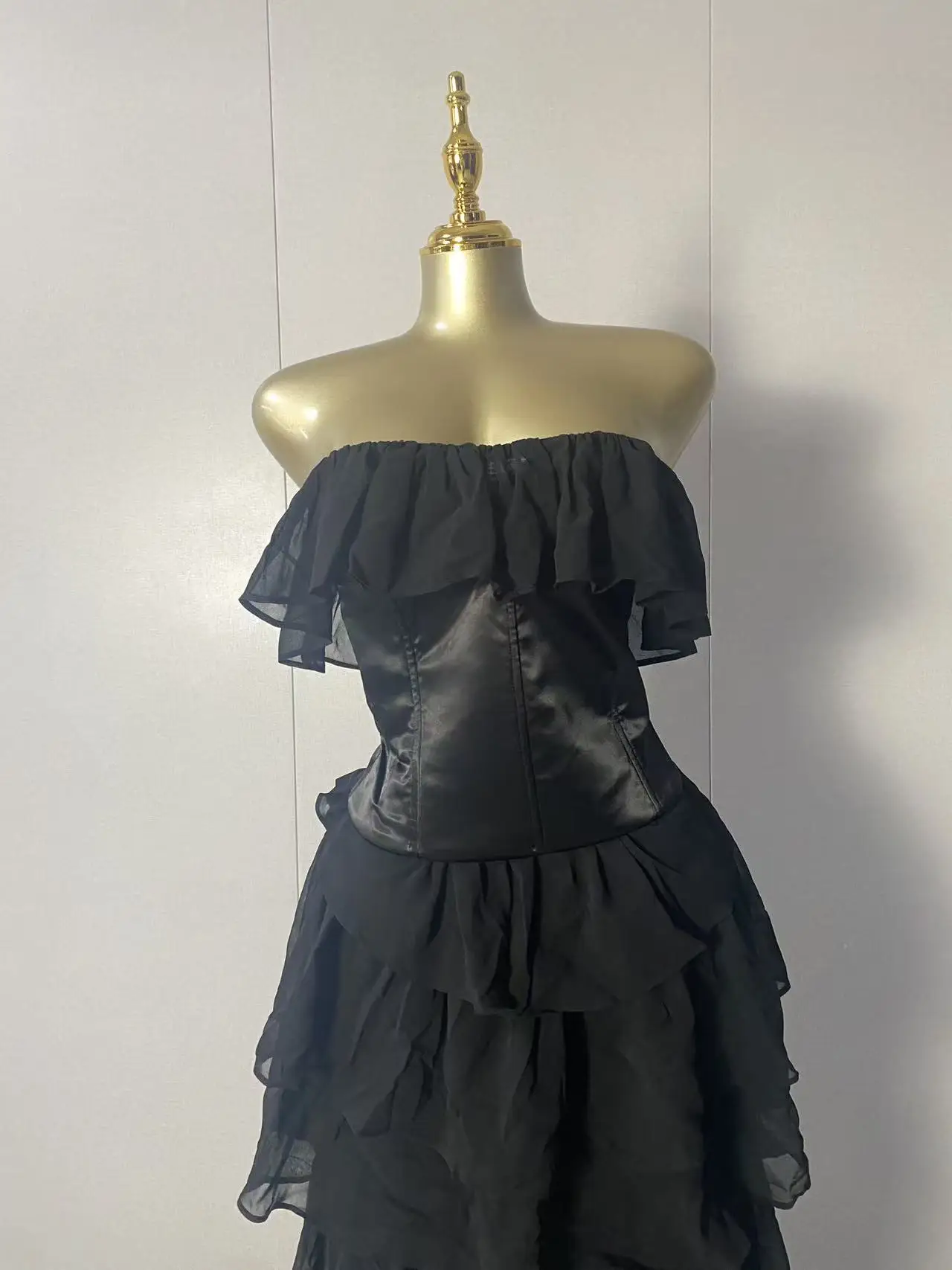 

2025 New Women Sexy Strapless Tops Ruffles Mesh Black Maxi Long Two Pieces Dress Set Elegant Evening Club Party Outfits