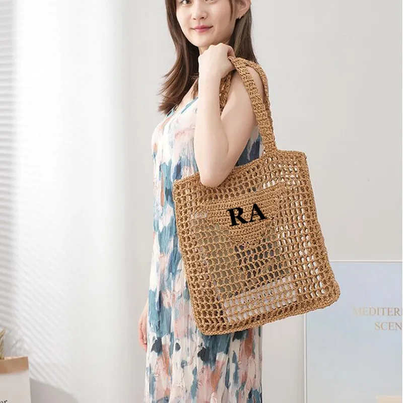 Custom Monogram Summer Beach Travel Bags Raffia Straw Wicker Totes Bag Paris Fashion Women Woven Shopping Bag Hollow Out Handbag