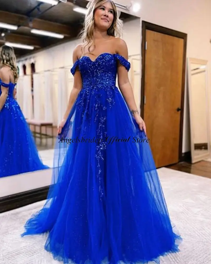 Angelsbridep Royal Blue A-line Tulle Prom Dresses Sexy Leg Slit Appliques Vestidos De Fiesta Elegantes Para Mujer Party Dresses