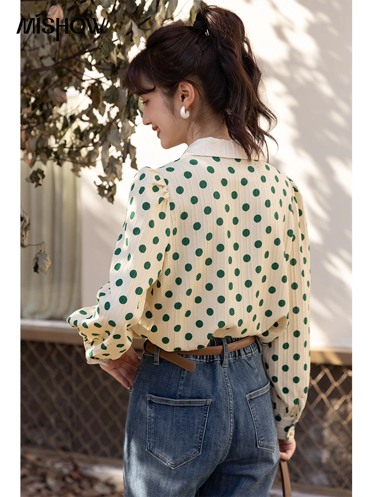 MISHOW 2024 Autumn Women's Polka Dot Shirt Korean Female Clothes Vintage Polo-Neck Single Breasted Blouse Office Lady MXB33C0542