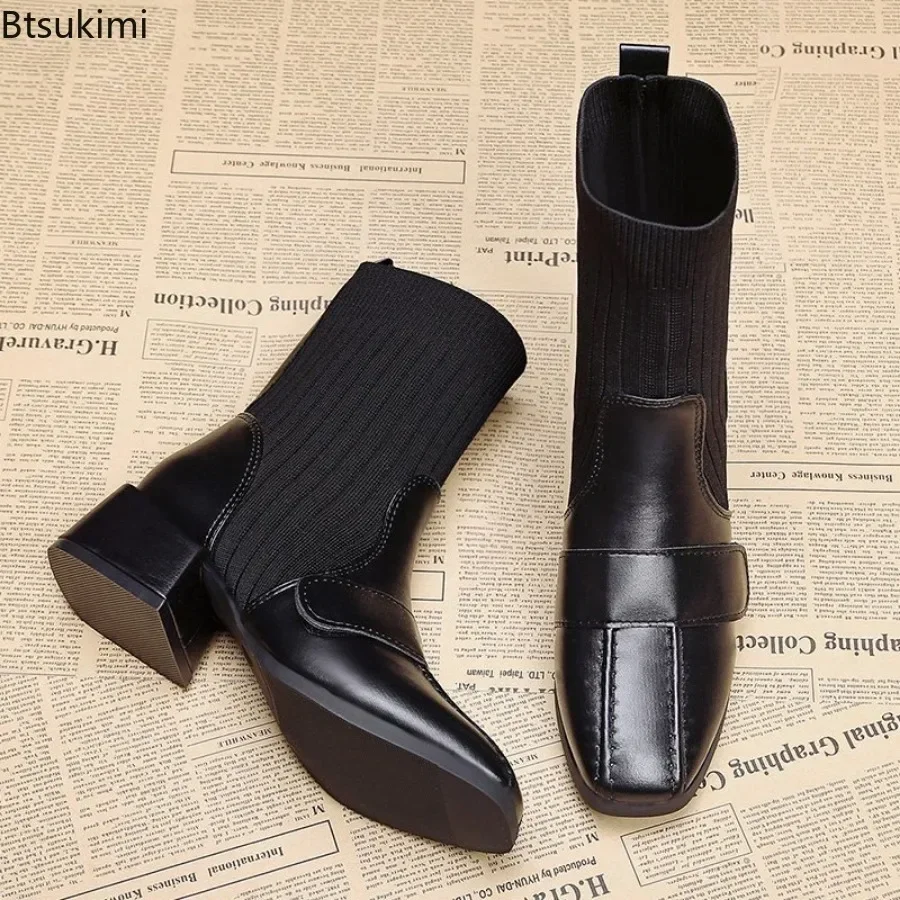 2024 Women's Fashion Short Boots Martin Boots Female Medium Heel Light Socks Shoes British Ladies' Short Boots Zapatos De Mujer