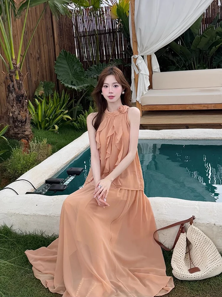 

Liliang Summer High Waist Lace Trim Blouse Ne Hanging Vest Women's Faion Set with Semi-Long Skirt Two-Piece Suit