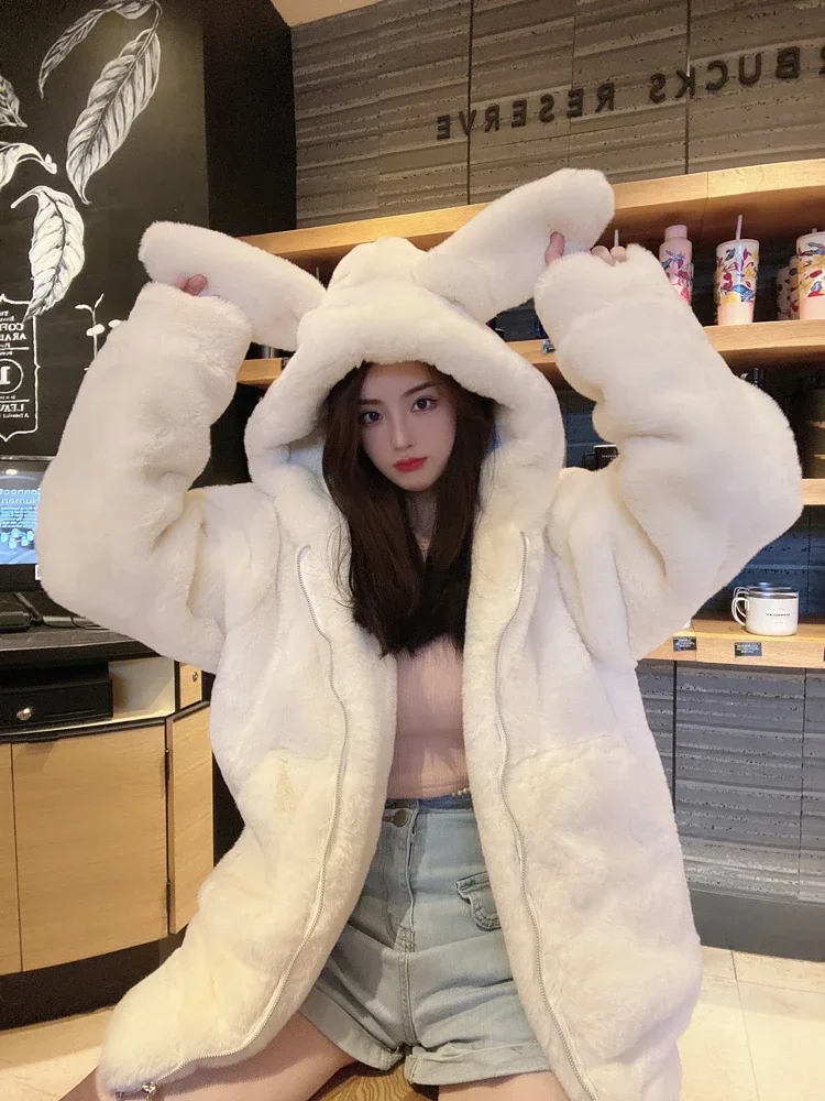 2023 Winter New Rabbit Fur Environmental Protection Fur Thickened Fleece Velvet Coat Female Cute Ears Hooded Mid-Length Coat