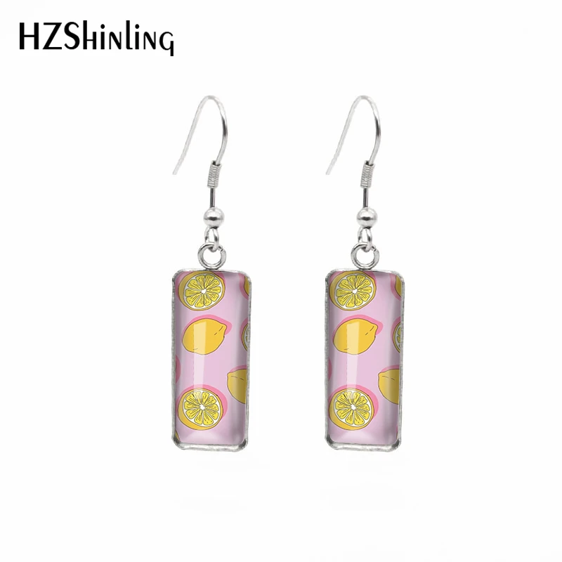 Fruits Lemon Paintings Hoop Earrings Stainless Steel Rectangle Hook Dangle Drop Earrings Glass Cabochon Ear Jewelry