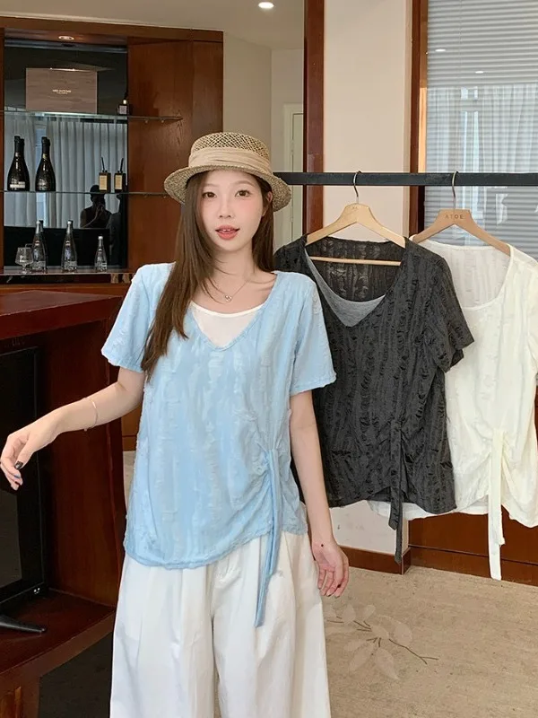 

plus Size Women's Lazy Style Short Sleeve T-Shirt with Belt Hole Design Summer New Slimming Asymmetrical Top Korean Version