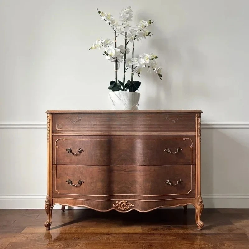 A retro living room decorative cabinet solid wood carving flower chest small apartment multi-layer household, bedroom locker