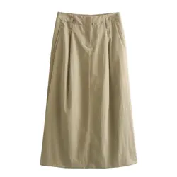 Tangada 2024 Women Elegant Khaki Pencil Skirt High Waist Female Long Skirt 4M057