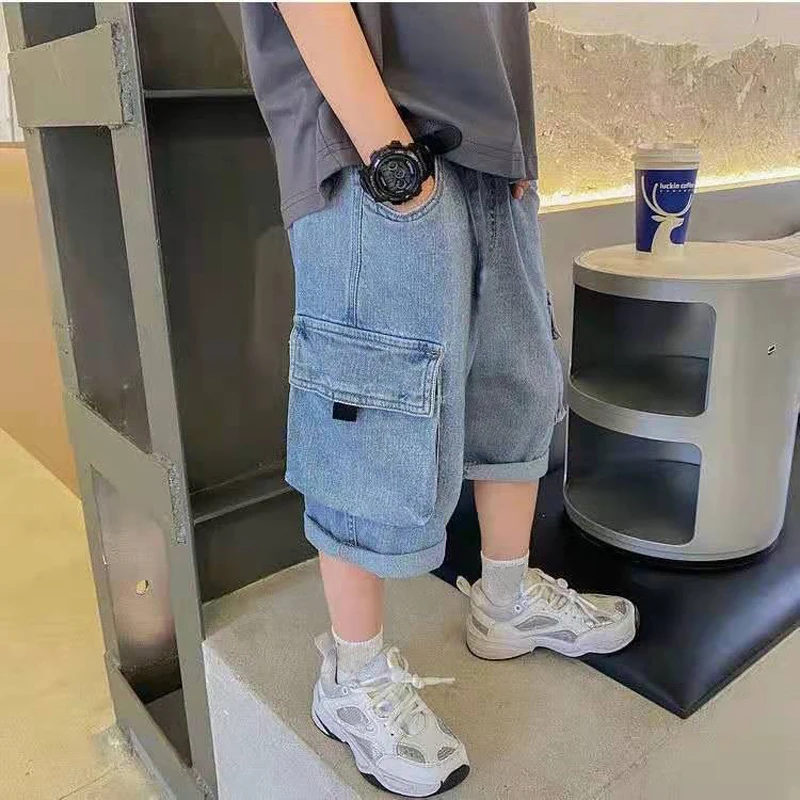 IENENS Boys Cargo Shorts Summer Children Jeans Loose Straight Casual Short Pants Elastic Waist Trousers 4-13 Years Kids Clothes