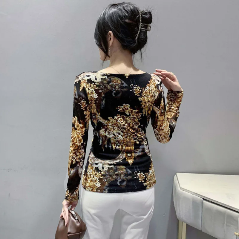 #8026 Spring Autumn Vintage T Shirt Women V-neck Tight Mesh 3D Printed Flower T-shirt Long Sleeve Koeran Style Short Wrap Tee 