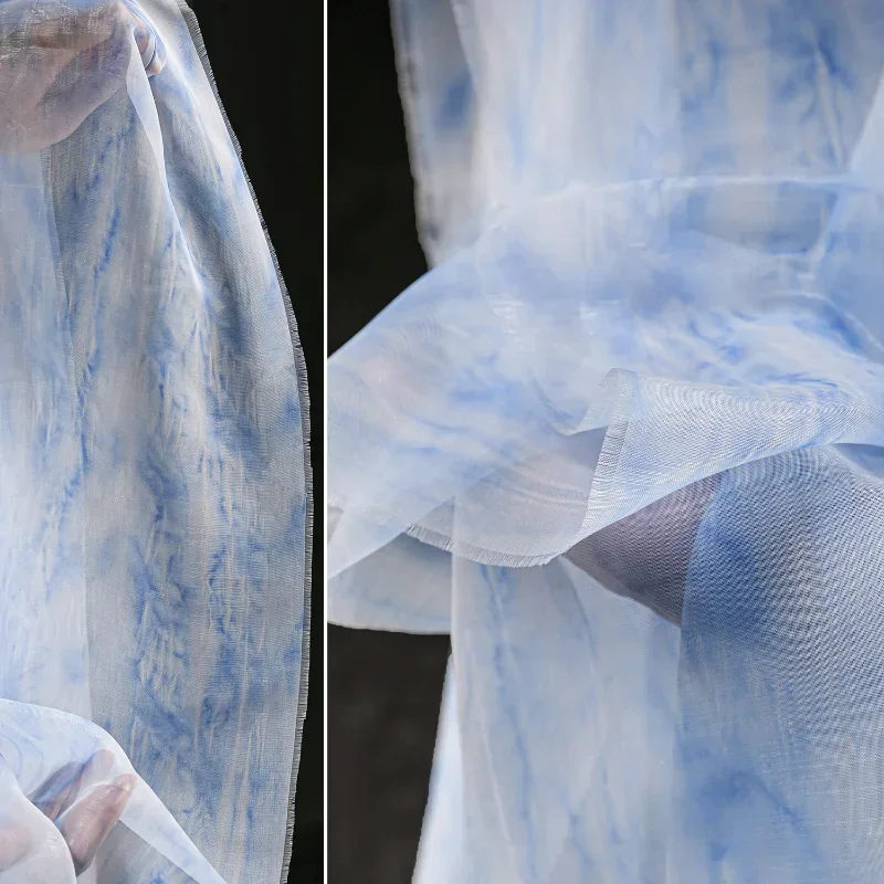 Sea Blue Tie Dye Chiffon Fabrics By The Meter Reflective Silky Semi Transparent Flowing Dress Cardigan Clothing Designer Fabric