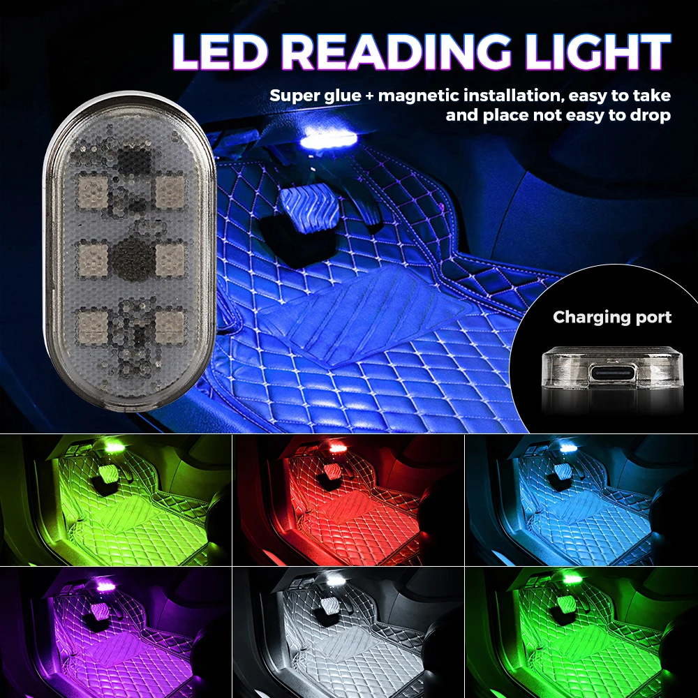 1 Piece Wireless Mini Car Light LED Touch Light Car Interior Light Roof Reading Light Colorful Car Ambience Light USB Charging