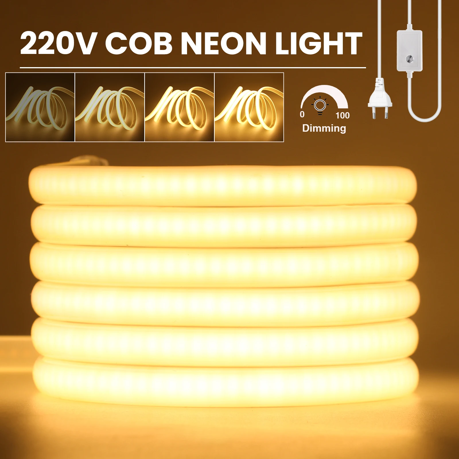 

AC 220V Super Bright Dimmerable COB LED Strip Waterproof EU UK Plug Home Garden Kitchen Room Decor Flex Ribbon Tape Neon Light