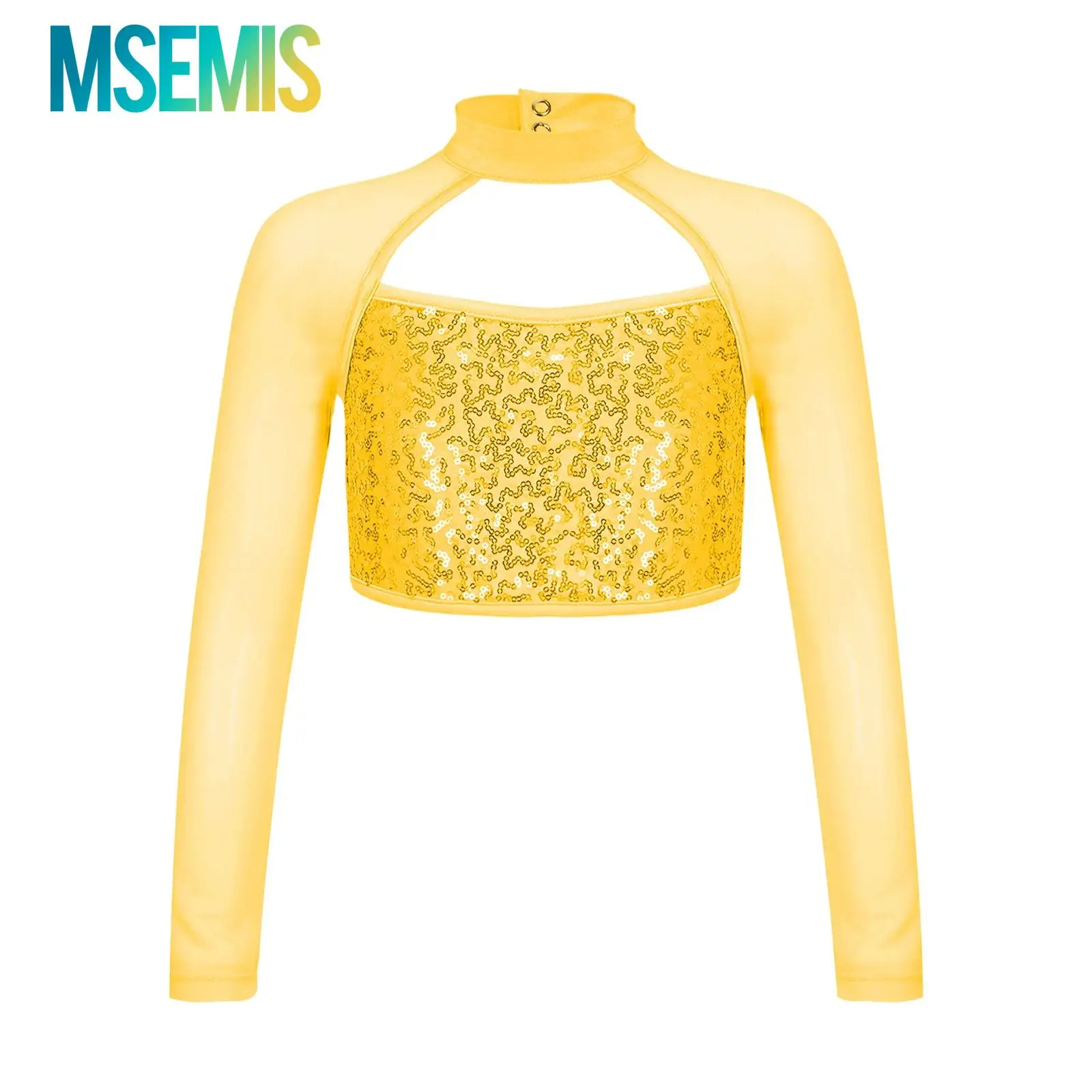 

Kids Girls Gymantics Ballet Leotards Dance Costume Shiny Sequins Decorated Dance Crop Top Long Sleeve Round Collar Hollow Tops