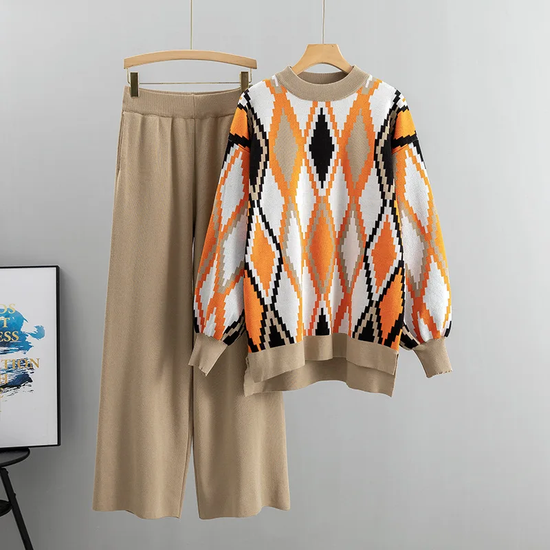 

Fashionable Knitted Women's Set Loose Grid Sweater And Wide Leg Pants Autumn Winter Casual Wear Comfortable Breathable Viscose