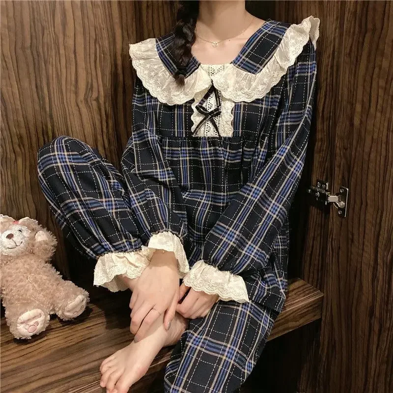 Plaid Sleepwear Women Pajama Sets Korean Pants Sets 2 Pieces Lace Piiama Style Full Sleeve Spring Night Wears Bow Home Suit 2024