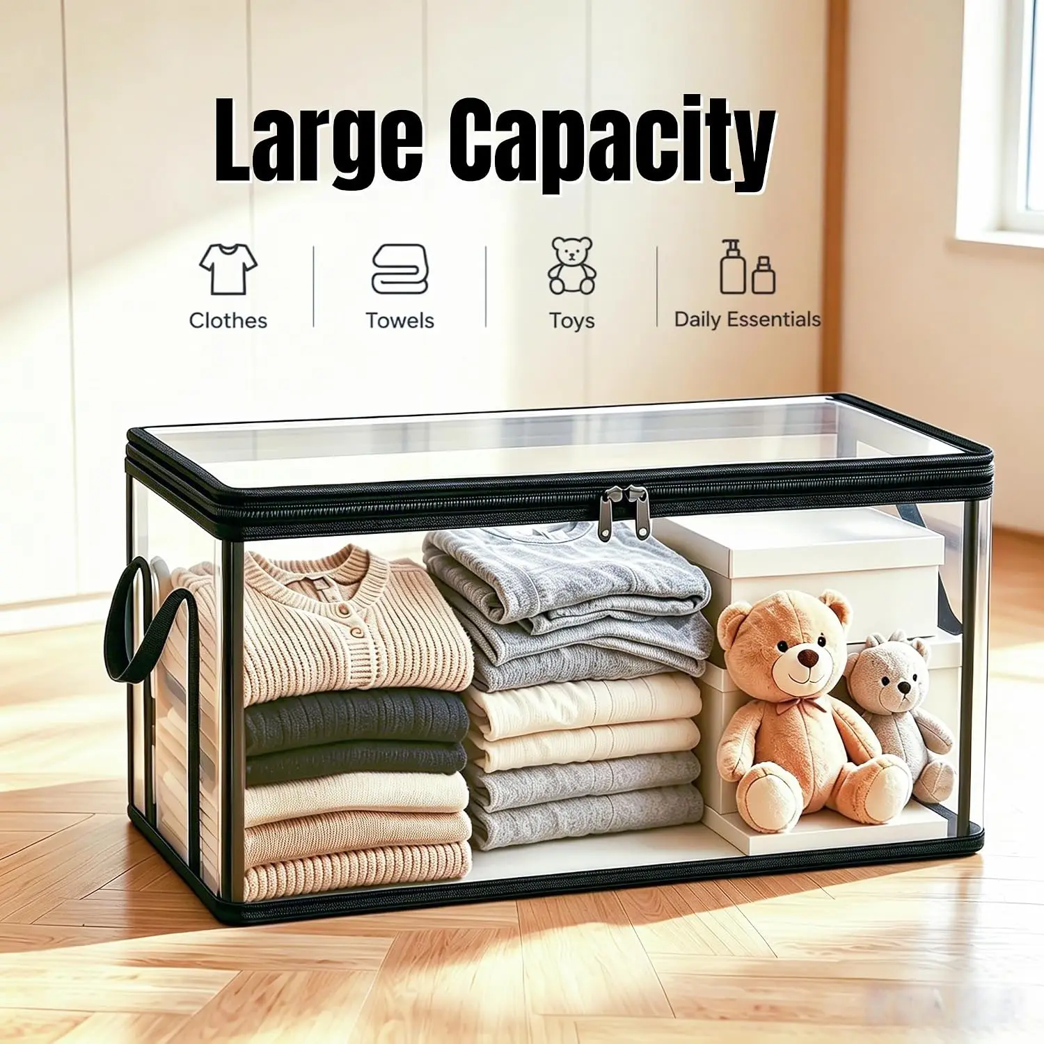 2 Stück Große Transparente Dicke Aufbewahrungstasche mit Klappdeckel Kleider-Organizer Spielzeug-Aufbewahrungstasche Perfekt für Zuhause, Camping, Reisen, Umzüge – Detail 5