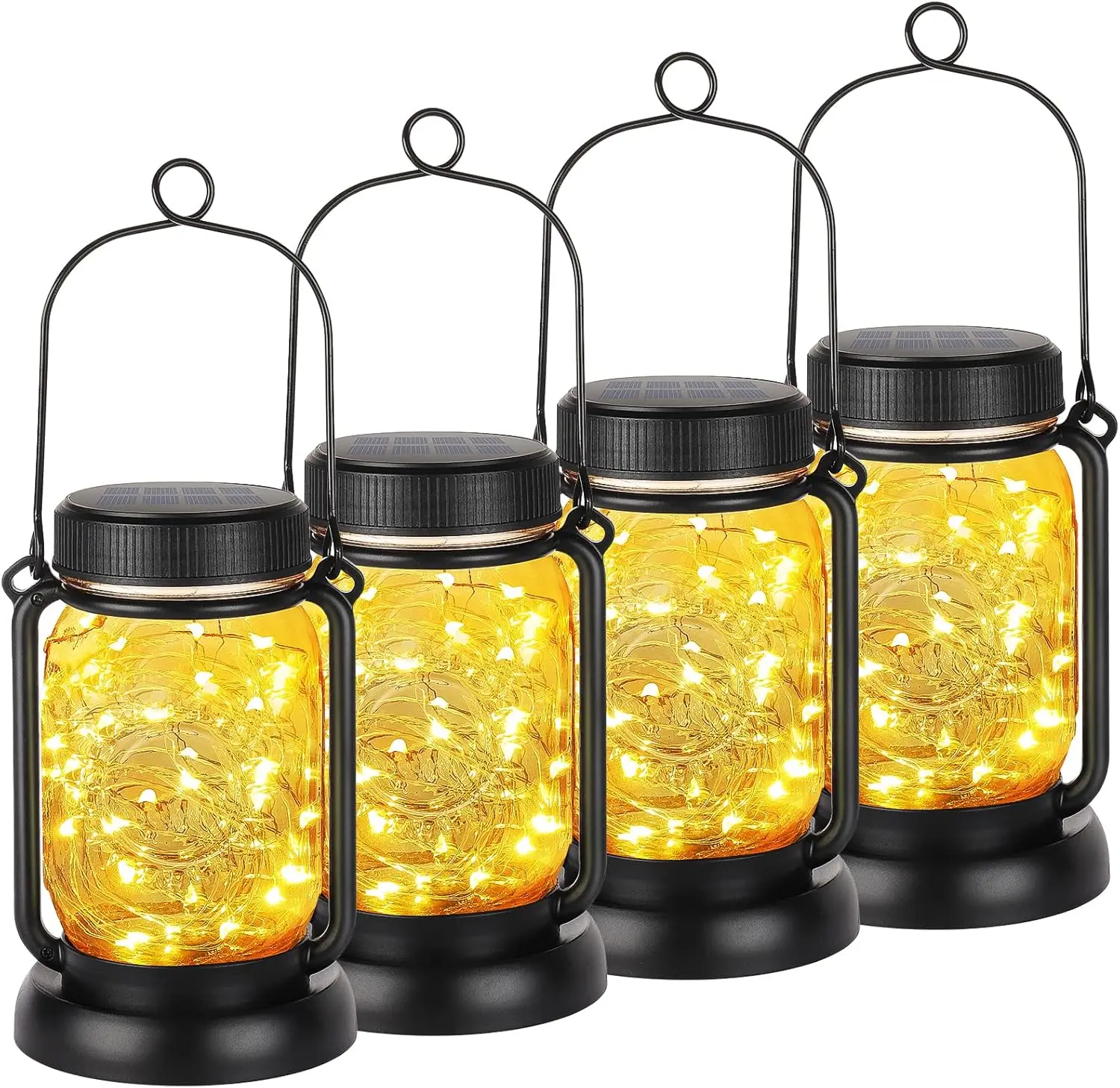 

4 Pack Solar Hanging Lantern with Stakes, Outdoor Waterproof Solar Mason Jar Fairy String Lights Decorative Vintage Glass
