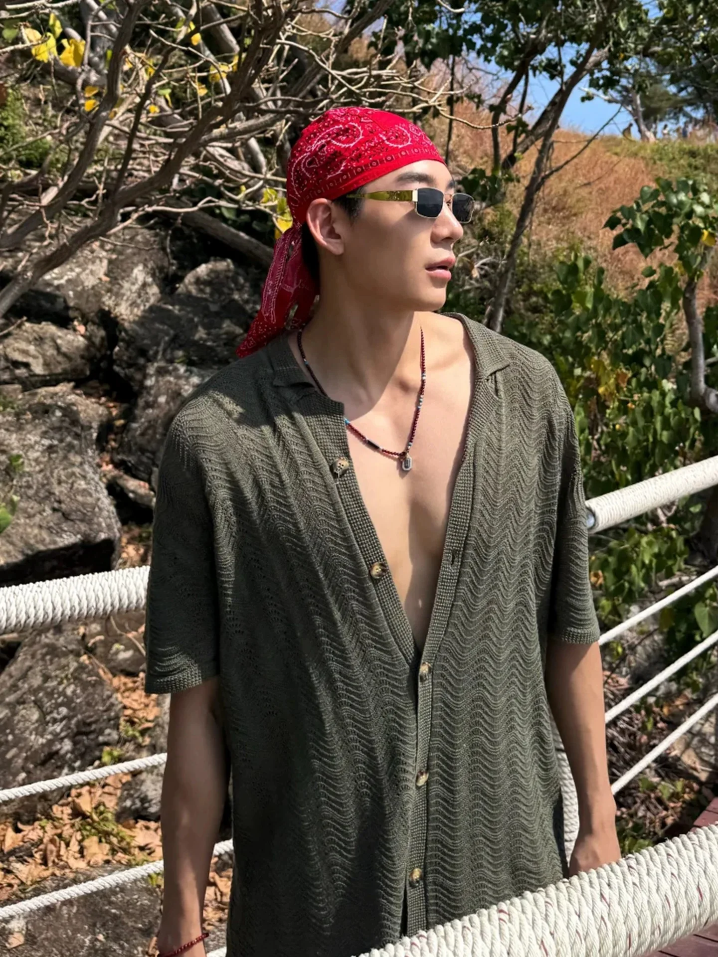 Men Knit Hollow Knit Holes Breathable Shirts Tops Male Summer Ins Chic Handsome Allure Charm Casual Leisure Blouse Date Club Top