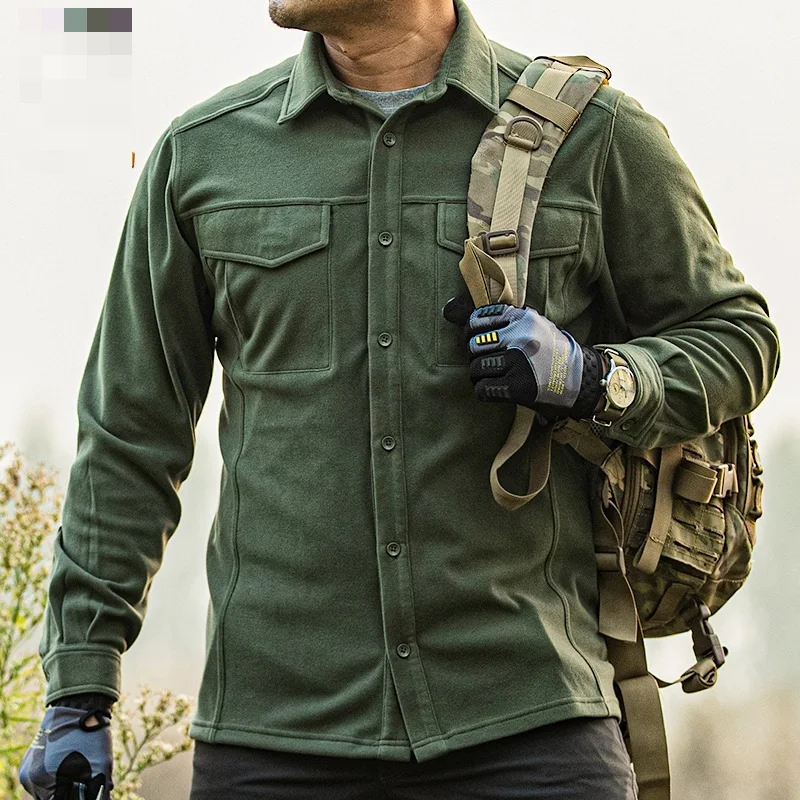 Winter Warm Mens Fleece Shirt Single Breasted Turn Down Collar Long Sleeves Slim Fit Tactical Shirt Thermal Thick Cardigan Tops