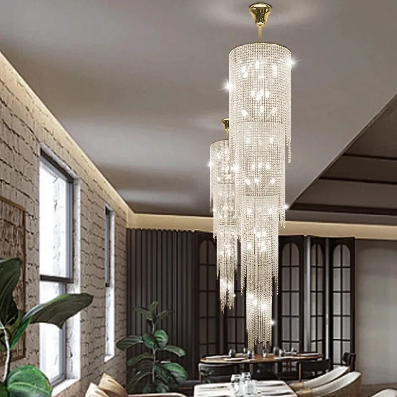 Indoor Hanging Pendant Lighting High Villa Ceiling Staircase Crystal Chandelier Living Room TV Cabinet Hang Lamp LED Chandelier
